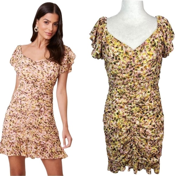 ASTR THE LABEL DRESS Floral Ruched Chiffon Mini YELLOW SIZE Medium - Picture 1 of 13